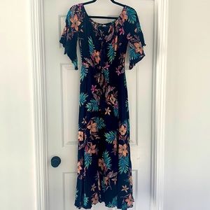 Navy Blue Tropical Floral Dress